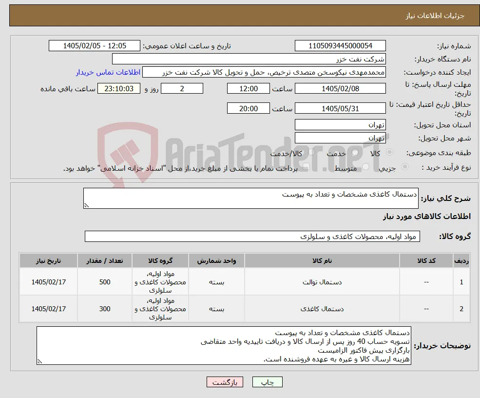 نیاز کالا-دستمال کاغذی مشخصات و تعداد به پیوست