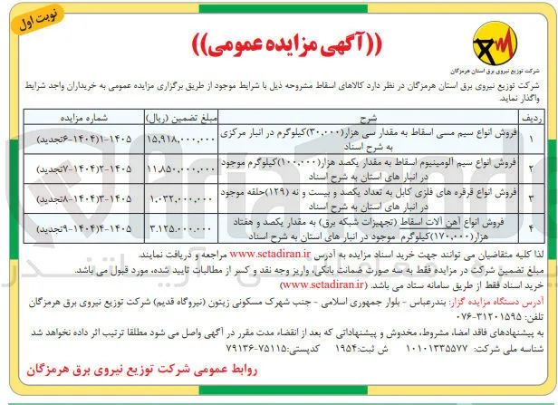 فروش انواع قرقره های فلزی کابل به تعداد (۱۲۹) حلقه موجود 