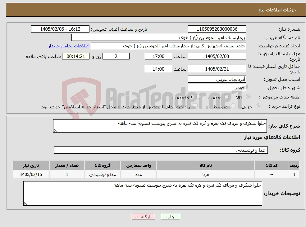 نیاز کالا-حلوا شکری و مربای تک نفره و کره تک نفره به شرح پیوست تسویه سه ماهه