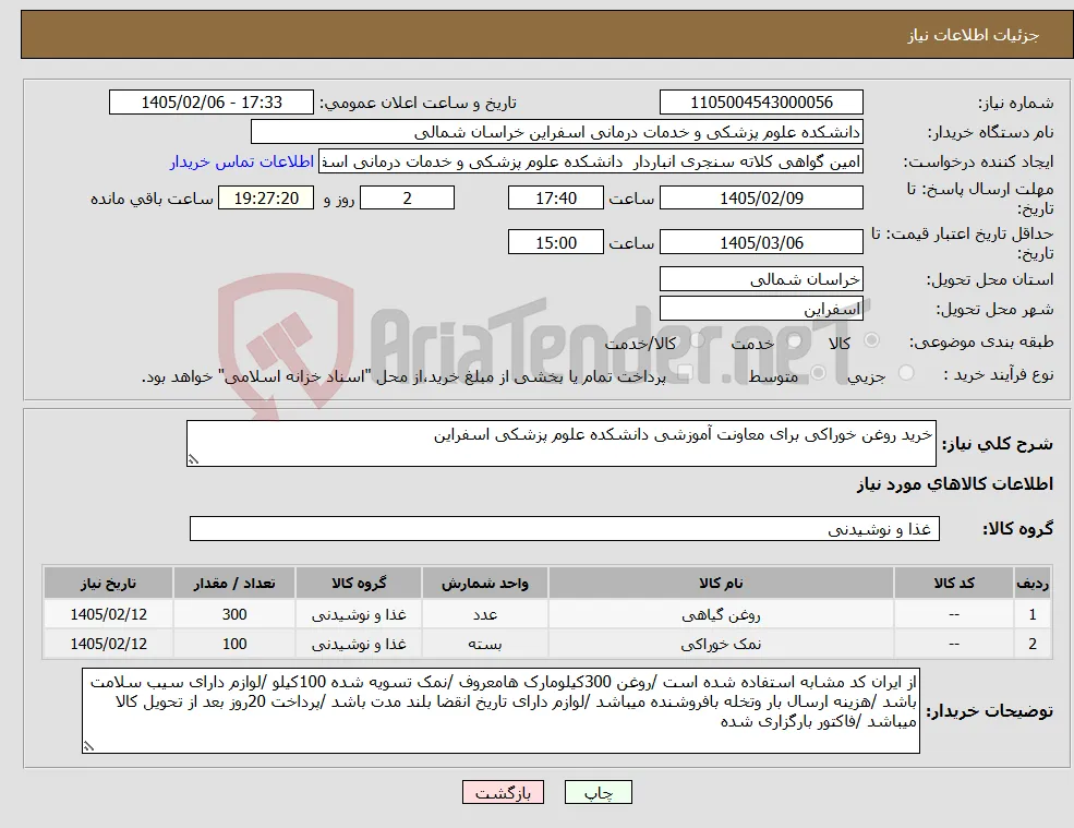نیاز کالا-خرید روغن خوراکی برای معاونت آموزشی دانشکده علوم پزشکی اسفراین 