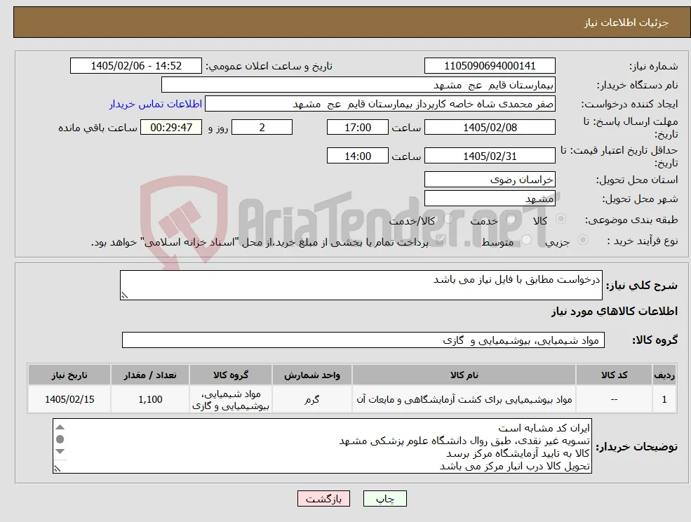 نیاز کالا-درخواست مطابق با فایل نیاز می باشد