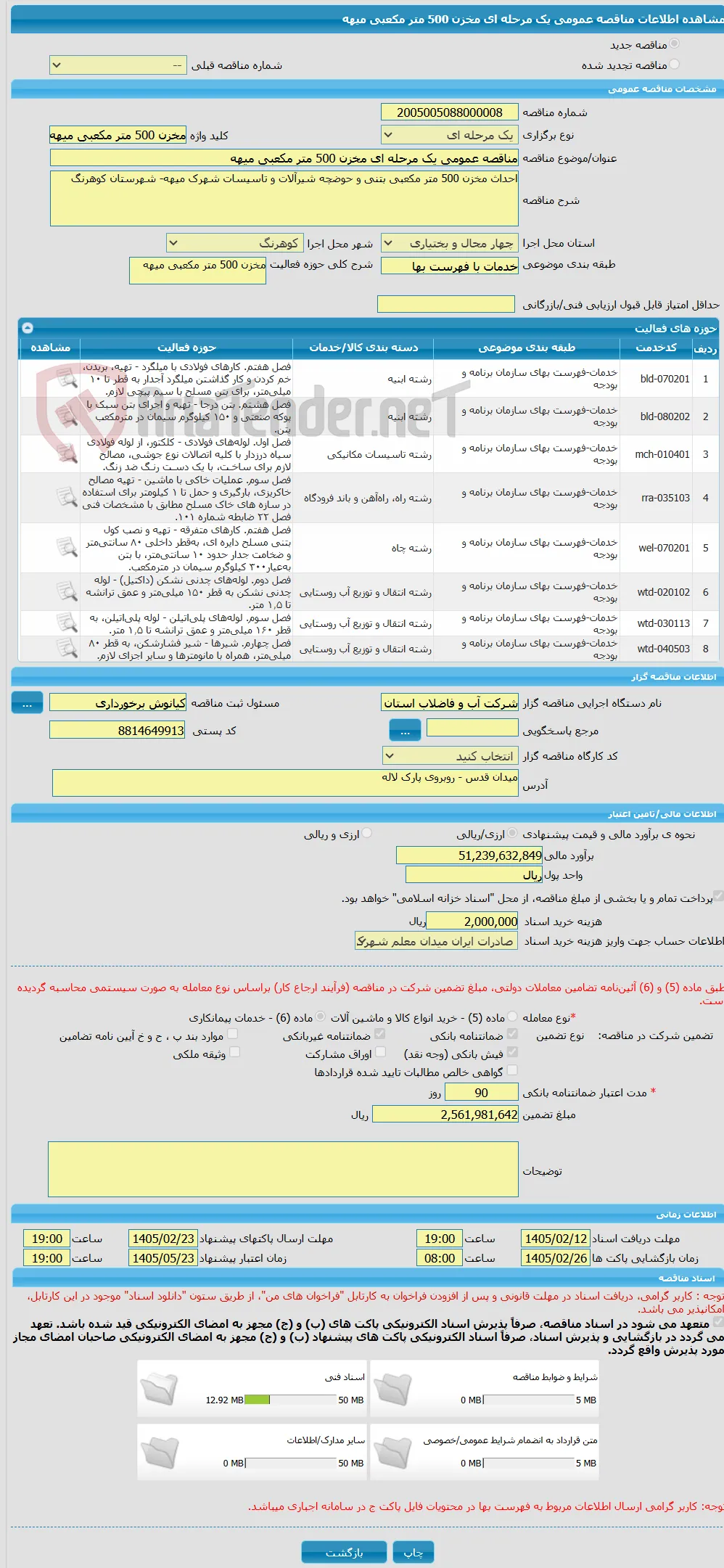 مناقصه عمومی یک مرحله ای مخزن 500 متر مکعبی میهه