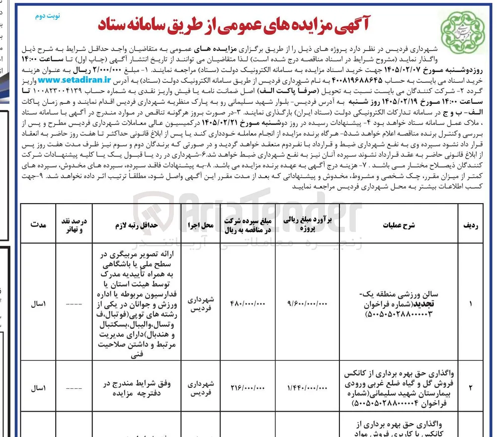 واگذاری حق بهره برداری از کانکس فروش گل و گیاه