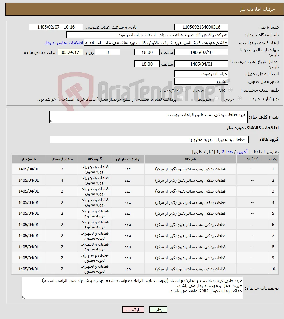 نیاز کالا-خرید قطعات یدکی پمپ طبق الزامات پیوست 