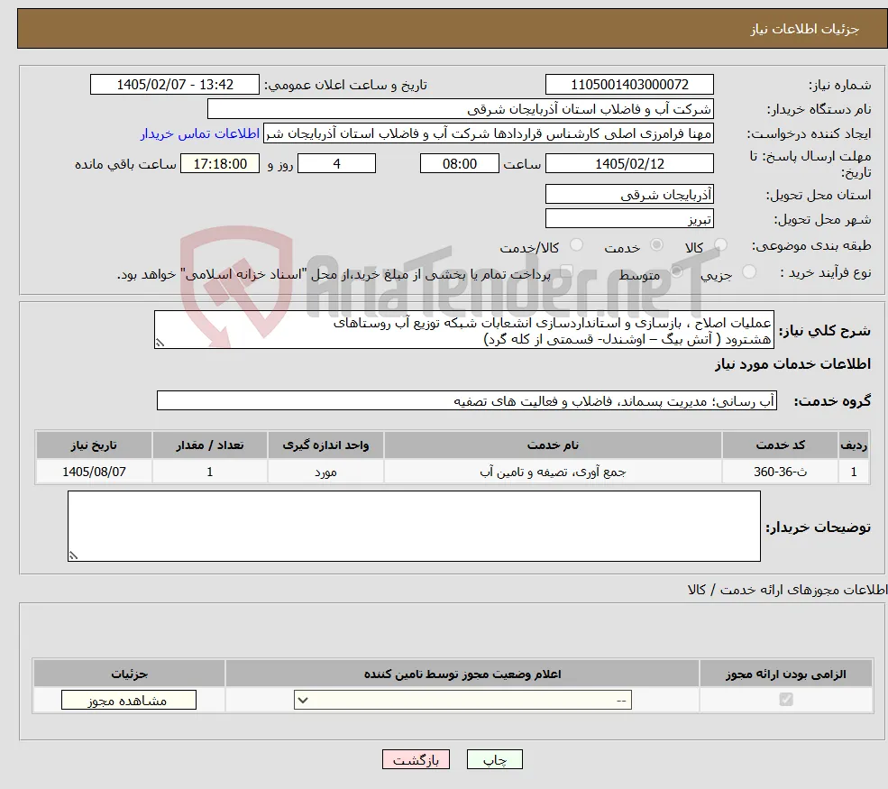 نیاز خدمات-عملیات اصلاح ، بازسازی و استانداردسازی انشعابات شبکه توزیع آب روستاهای هشترود ( آتش بیگ – اوشندل- قسمتی از کله گرد)