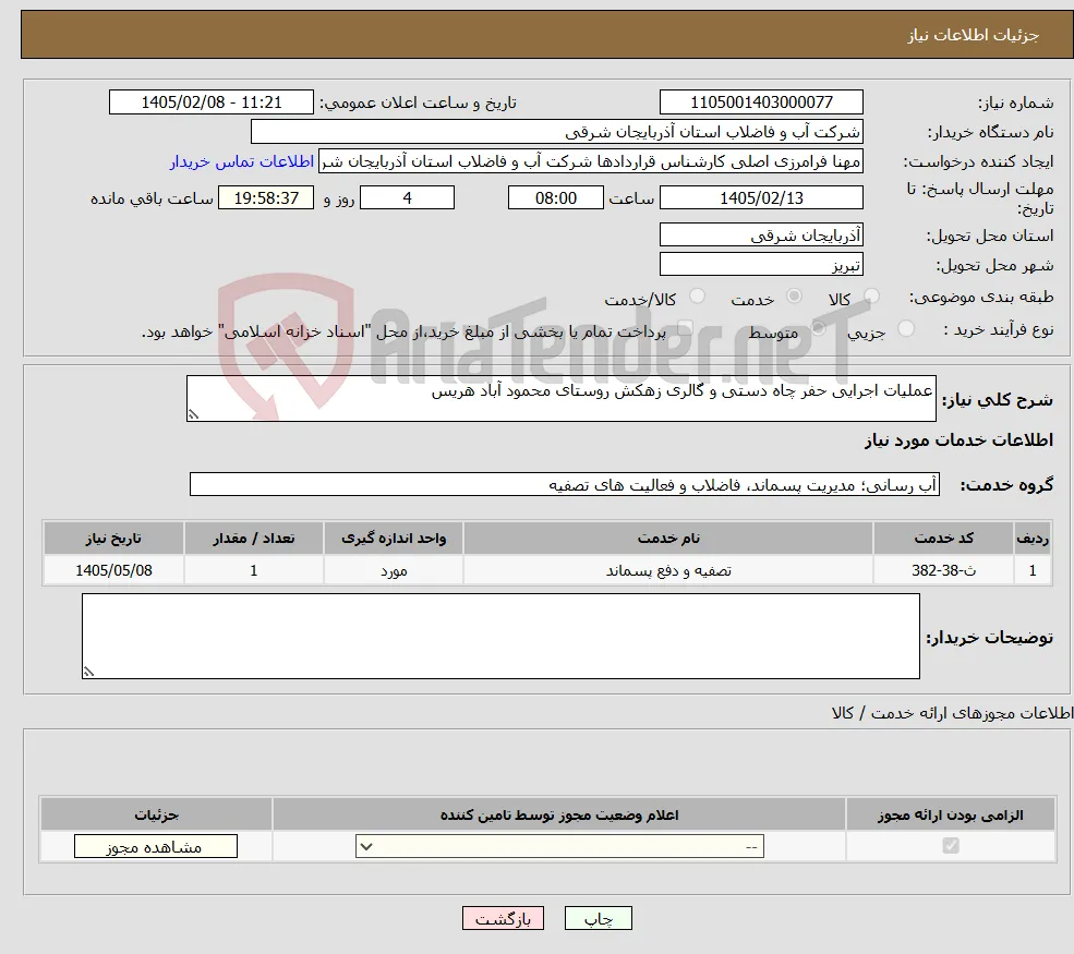 نیاز خدمات-عملیات اجرایی حفر چاه دستی و گالری زهکش روستای محمود آباد هریس