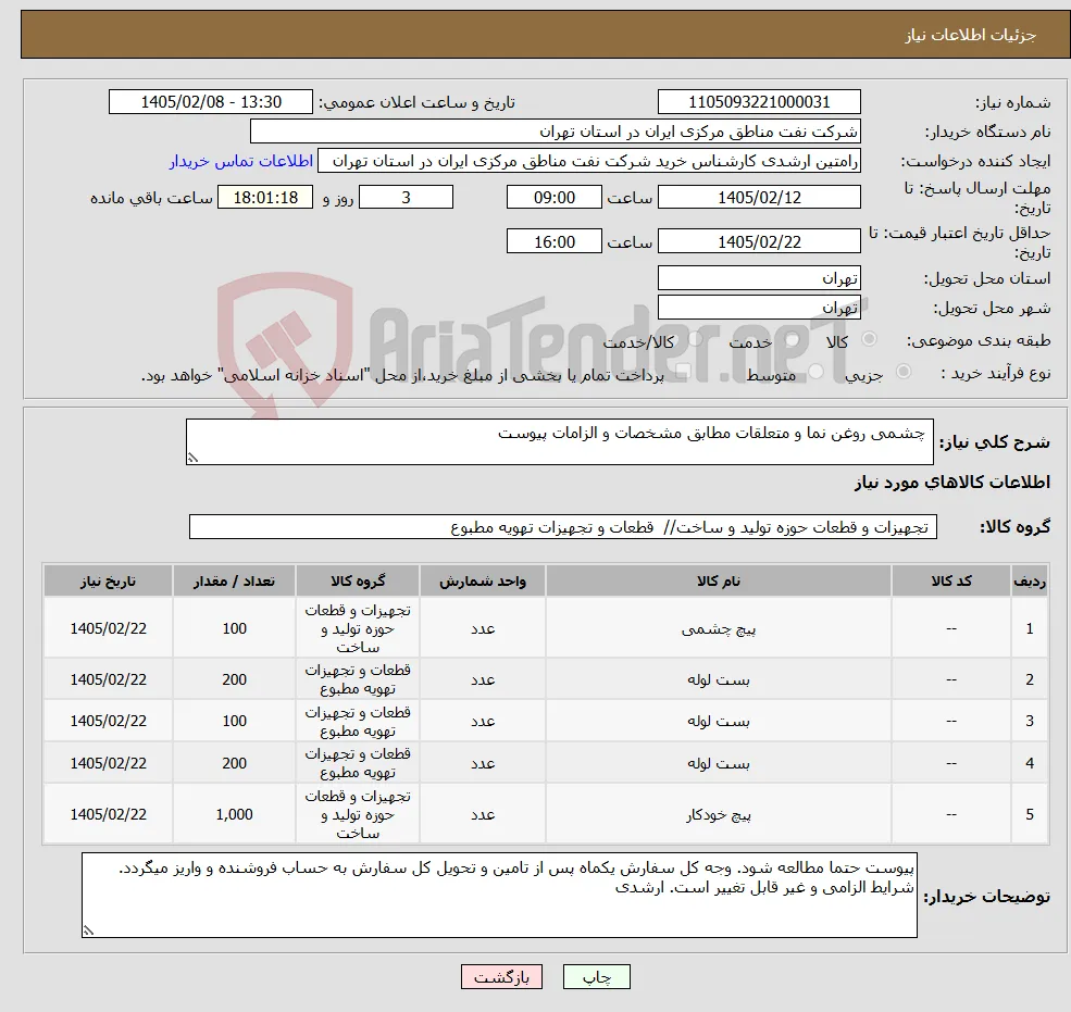 نیاز کالا- چشمی روغن نما و متعلقات مطابق مشخصات و الزامات پیوست