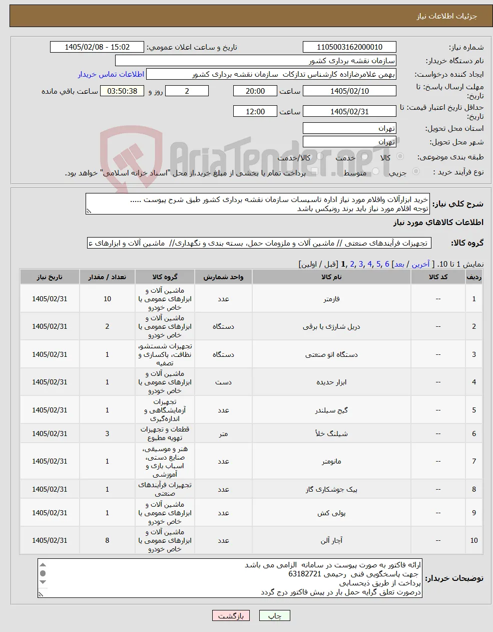 نیاز کالا-خرید ابزارآلات واقلام مورد نیاز اداره تاسیسات سازمان نقشه برداری کشور طبق شرح پیوست ..... توجه اقلام مورد نیاز باید برند رونیکس باشد