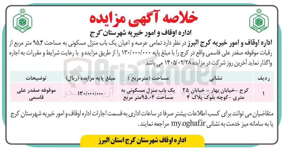 اجاره تمامی عرصه و اعیان یک باب منزل مسکونی به مساحت ۹۵٫۴ متر مربع