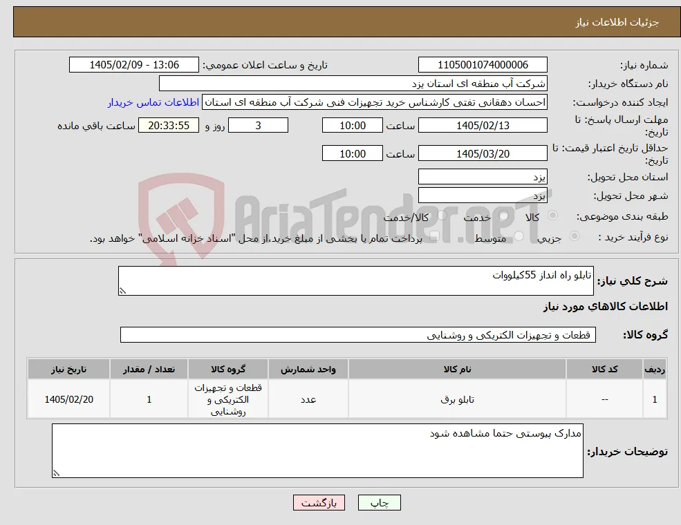 نیاز کالا-تابلو راه انداز 55کیلووات