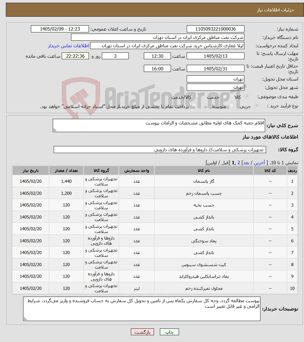 نیاز کالا-اقلام جعبه کمک های اولیه مطابق مشخصات و الزامات پیوست