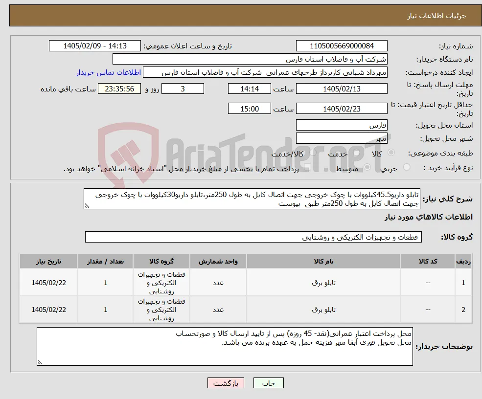نیاز کالا-تابلو داریو45.5کیلووات با چوک خروجی جهت اتصال کابل به طول 250متر،تابلو داریو30کیلووات با چوک خروجی جهت اتصال کابل به طول 250متر طبق پیوست