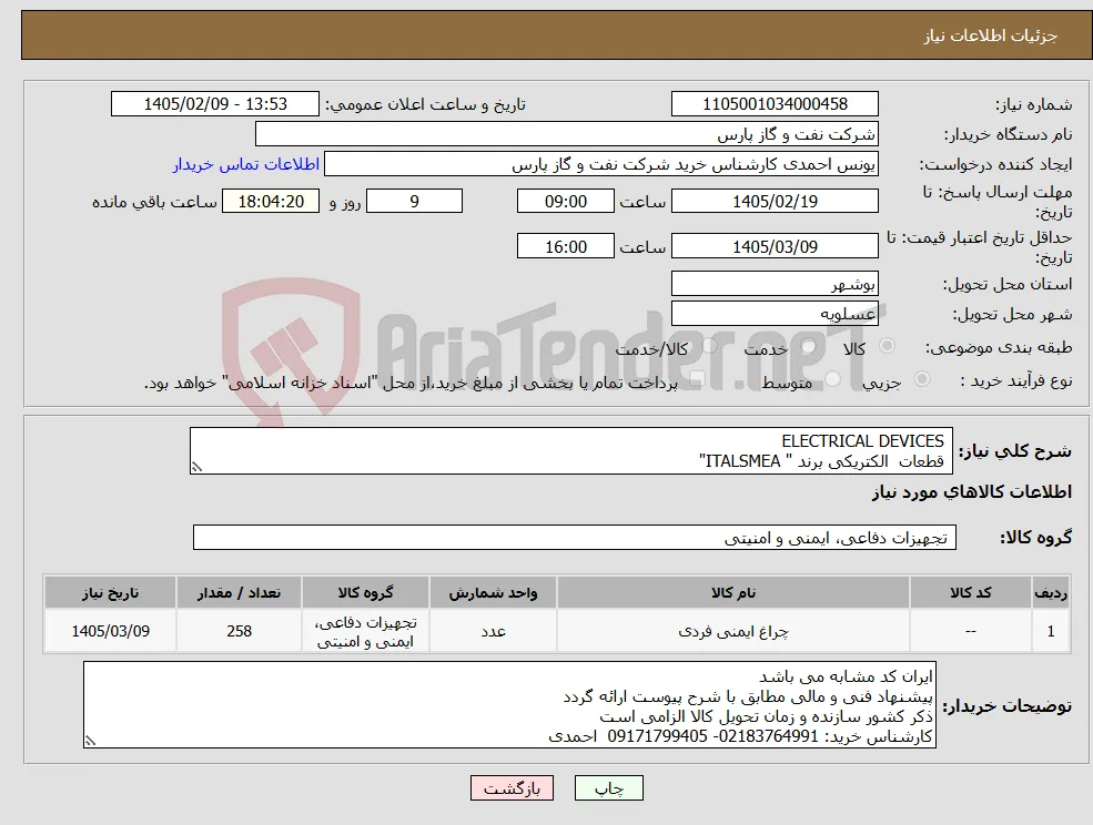 نیاز کالا- ELECTRICAL DEVICES قطعات الکتریکی برند " ITALSMEA"