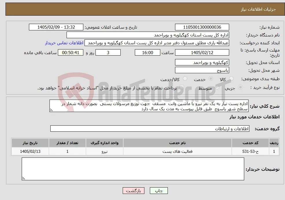 نیاز خدمات-اداره پست نیاز به یک نفر نیرو با ماشین وانت مسقف جهت توزیع مرسولات پستی بصورت دانه شمار در سطح شهر یاسوج طبق فایل پیوست به مدت یک سال دارد 