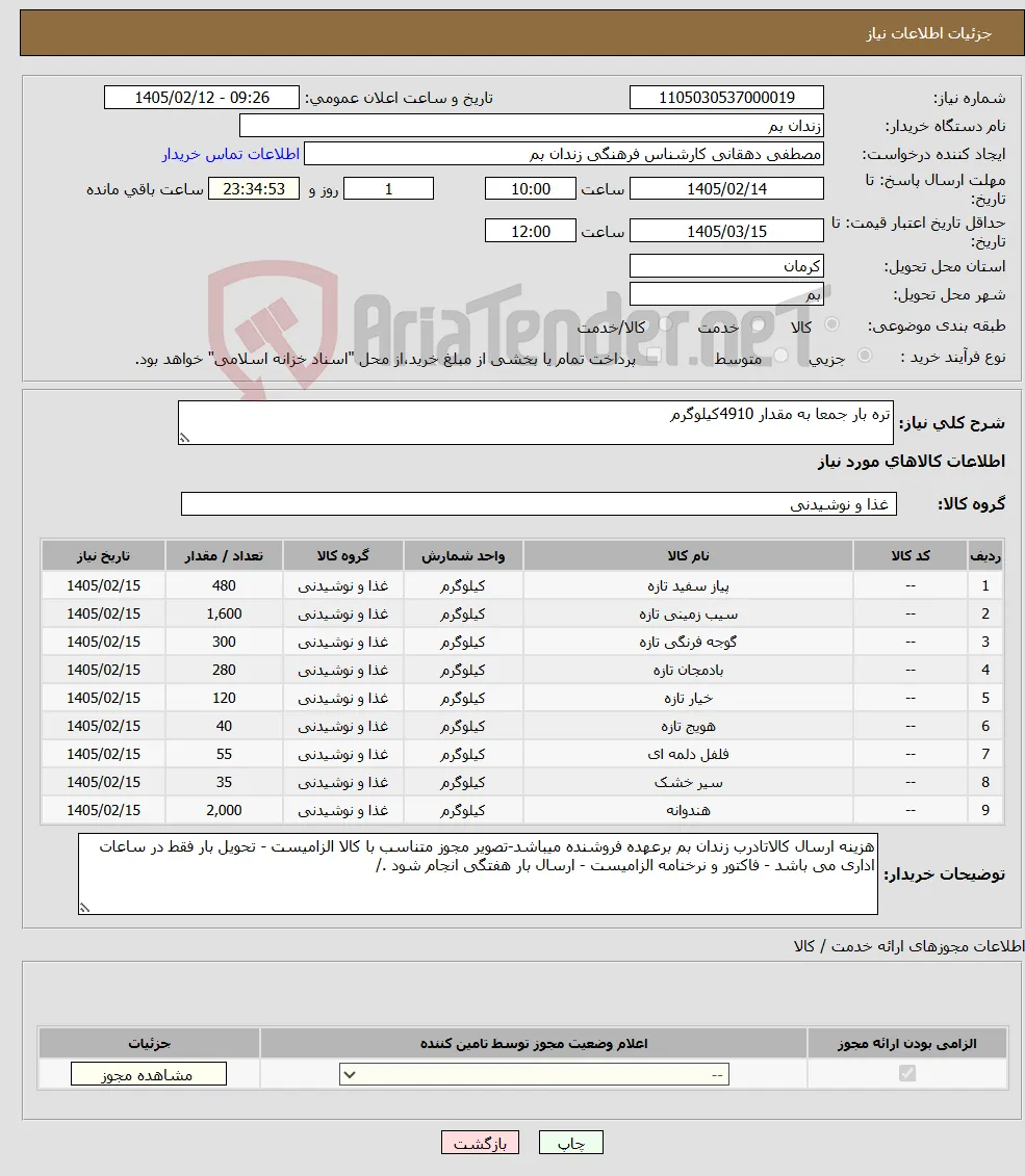 نیاز کالا-تره بار جمعا به مقدار 4910کیلوگرم 