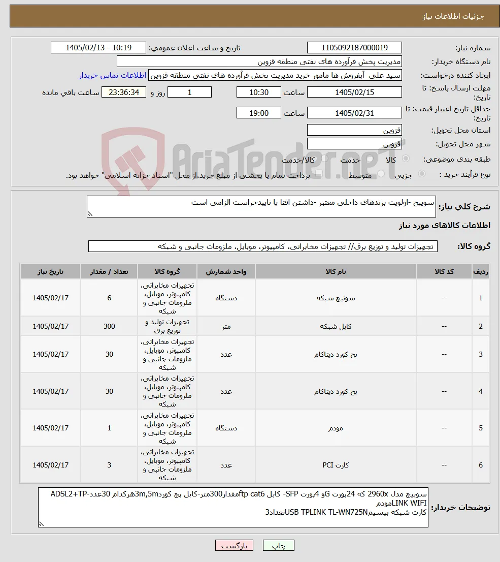 نیاز کالا-سوییچ -اولویت برندهای داخلی معتبر -داشتن افتا یا تاییدحراست الزامی است