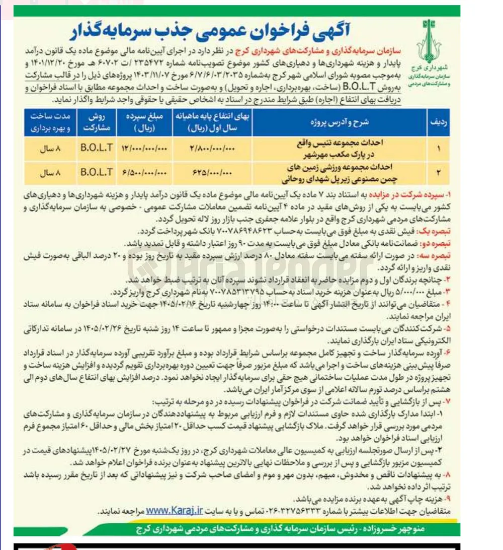 احداث مجموعه تنیس به روش مشارکت B.O.L.T 