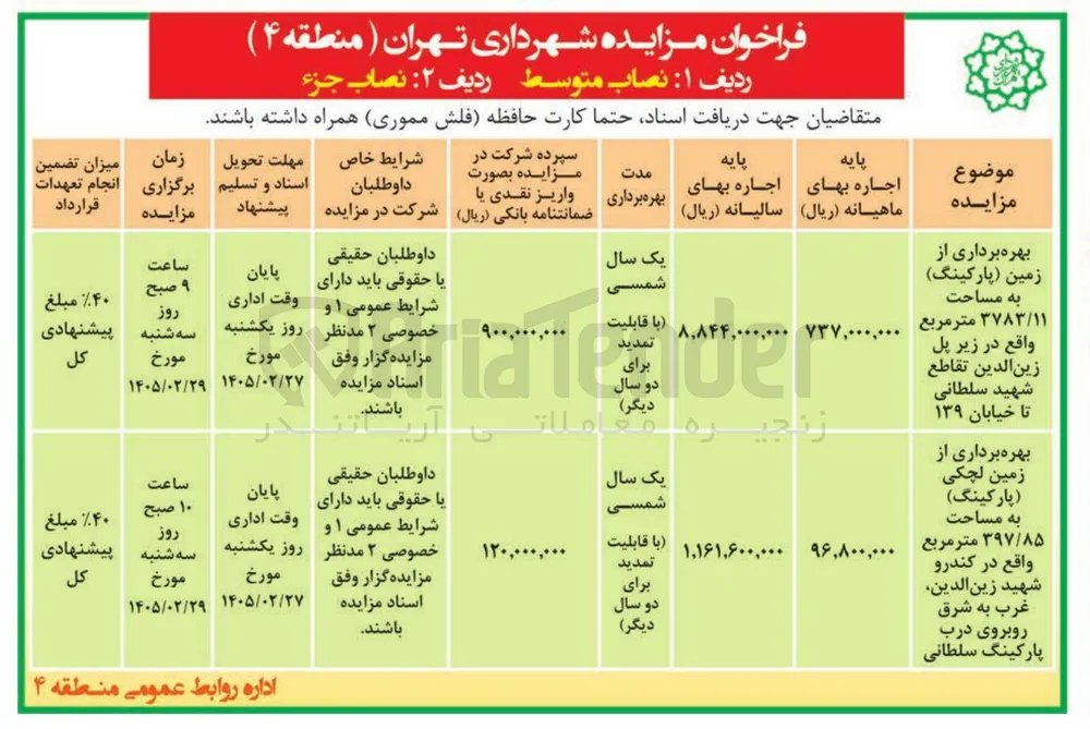 بهره برداری از زمین پارکینگ به مساحت ۳۷۸۳/۱۱ متر مربع