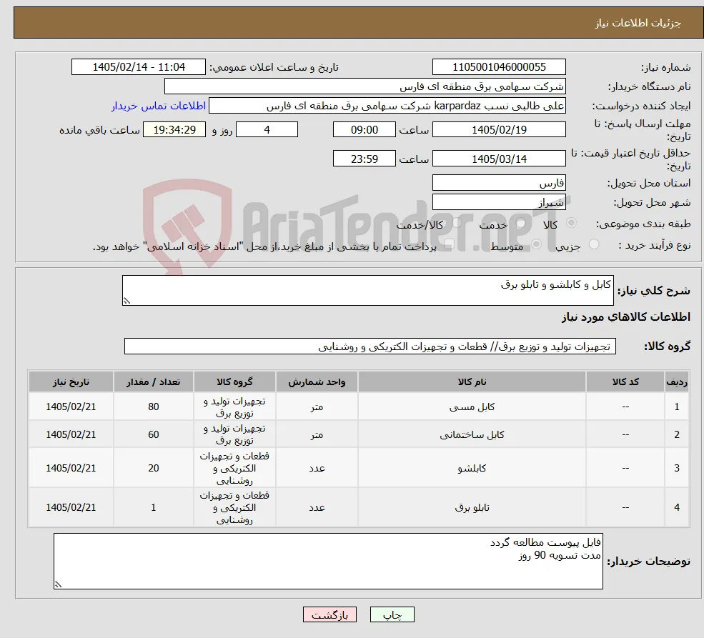 نیاز کالا-کابل و کابلشو و تابلو برق
