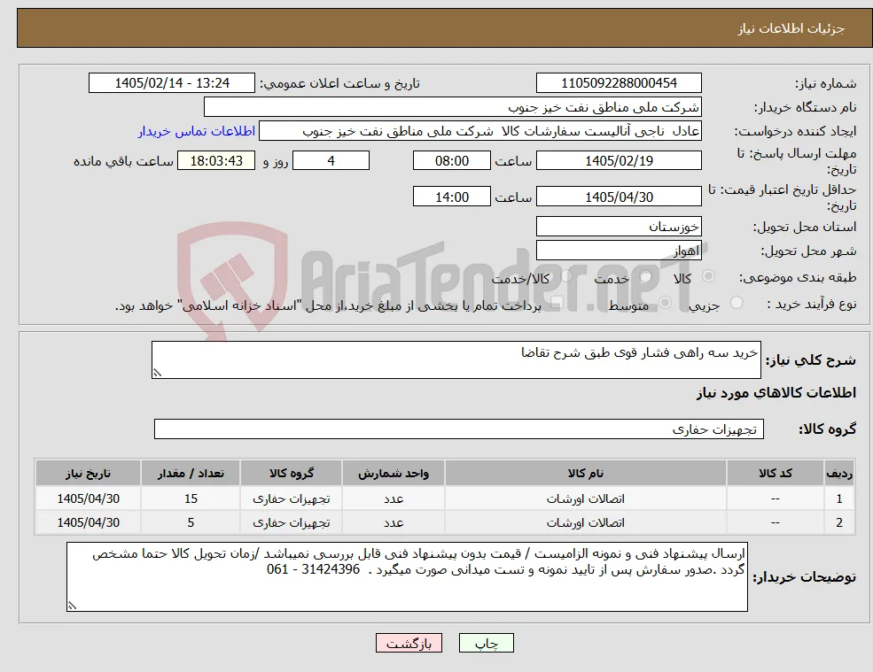 نیاز کالا-خرید سه راهی فشار قوی طبق شرح تقاضا