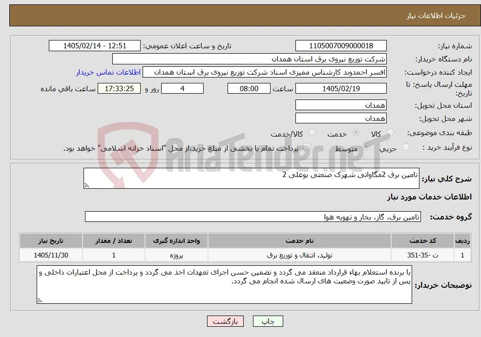 نیاز خدمات-تامین برق 2مگاواتی شهرک صنعتی بوعلی 2