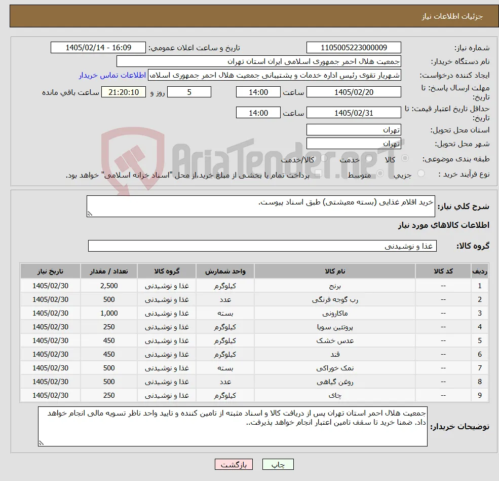نیاز کالا-خرید اقلام غذایی (بسته معیشتی) طبق اسناد پیوست.