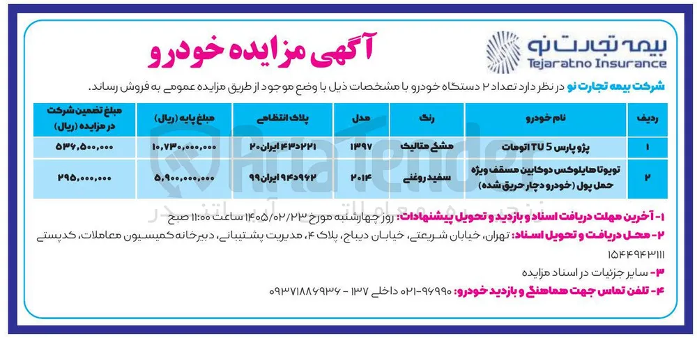فروش تعداد ۲ دستگاه خودرو