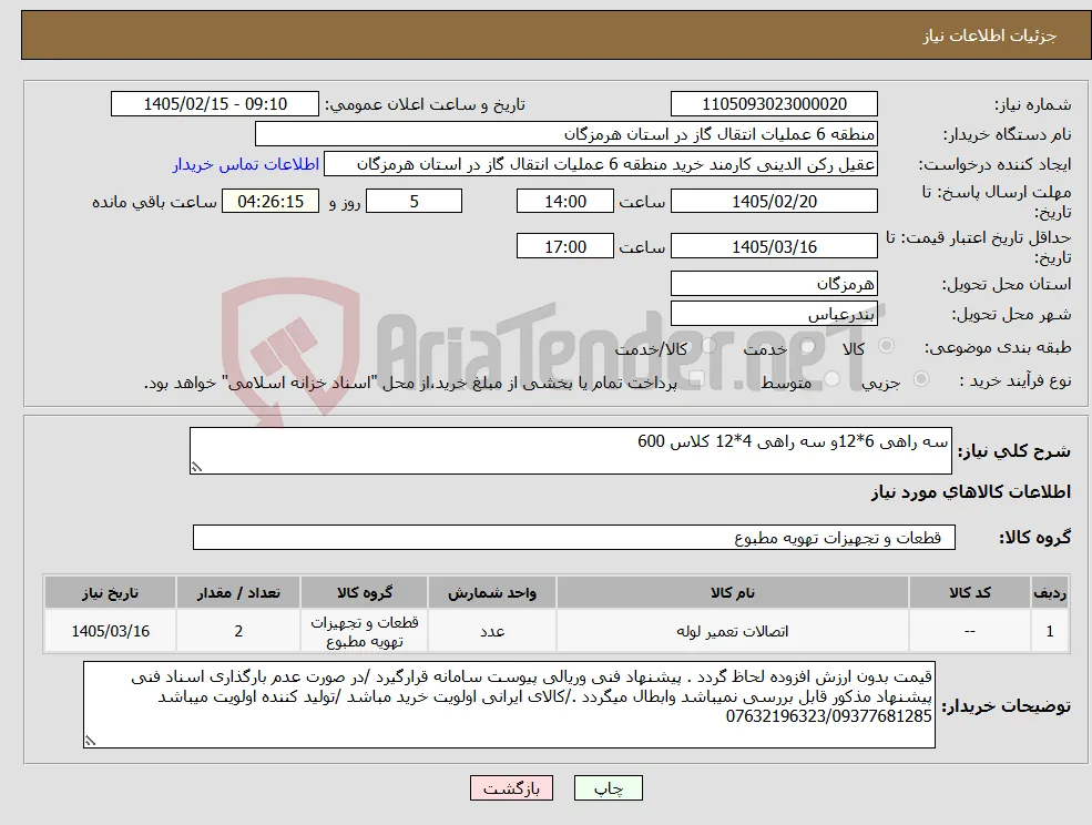 نیاز کالا-سه راهی 6*12و سه راهی 4*12 کلاس 600