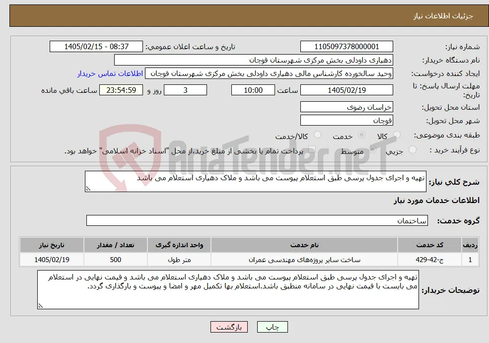 نیاز خدمات-تهیه و اجرای جدول پرسی طبق استعلام پیوست می باشد و ملاک دهیاری استعلام می باشد