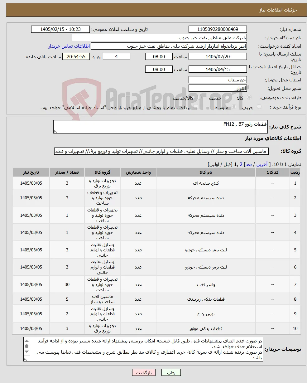 نیاز کالا-قطعات ولوو FH12 , B7