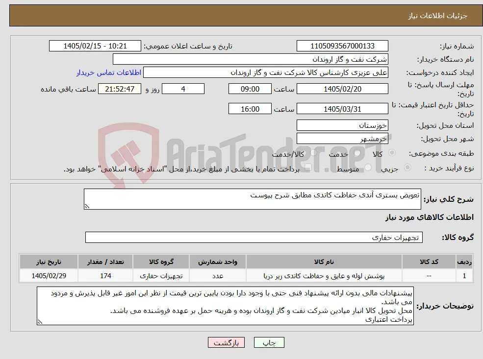 نیاز کالا-تعویض بستری آندی حفاظت کاتدی مطابق شرح پیوست 
