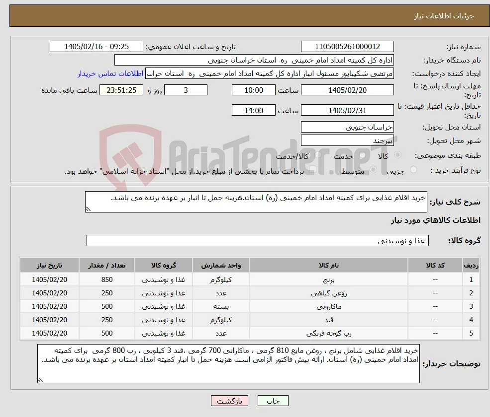 نیاز کالا-خرید اقلام غذایی برای کمیته امداد امام خمینی (ره) استان.هزینه حمل تا انبار بر عهده برنده می باشد.