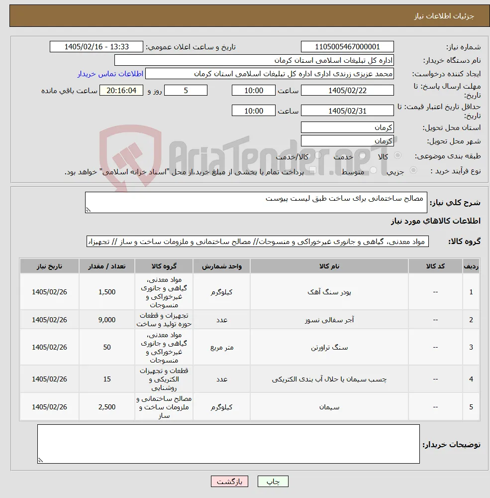 نیاز کالا- مصالح ساختمانی برای ساخت طبق لیست پیوست