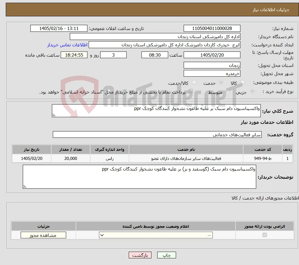 نیاز خدمات-واکسیناسیون دام سبک بر علیه طاعون نشخوار کنندگان کوچک ppr