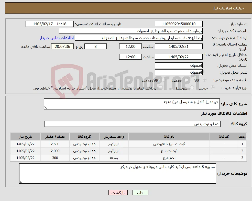 نیاز کالا-خریدمرغ کامل و شنیسل مرغ منجد 