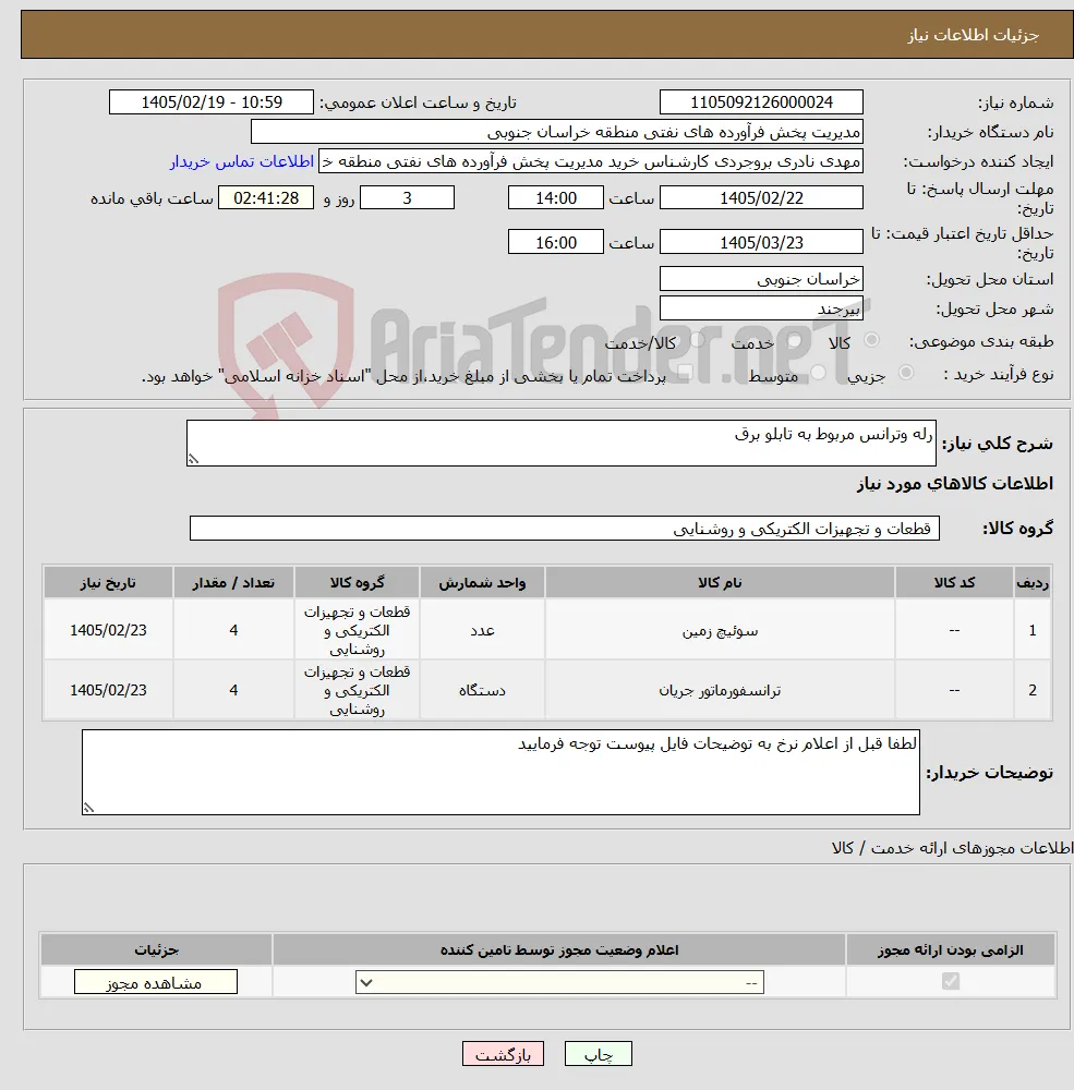 نیاز کالا-رله وترانس مربوط به تابلو برق