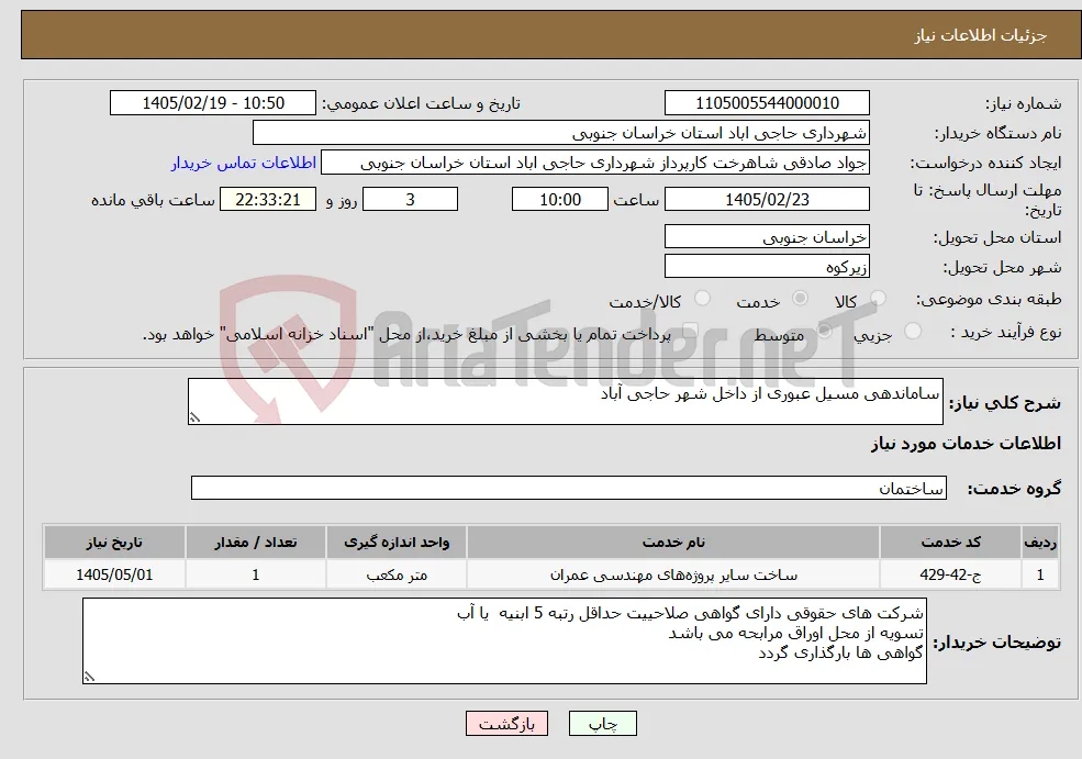 نیاز خدمات-ساماندهی مسیل عبوری از داخل شهر حاجی آباد