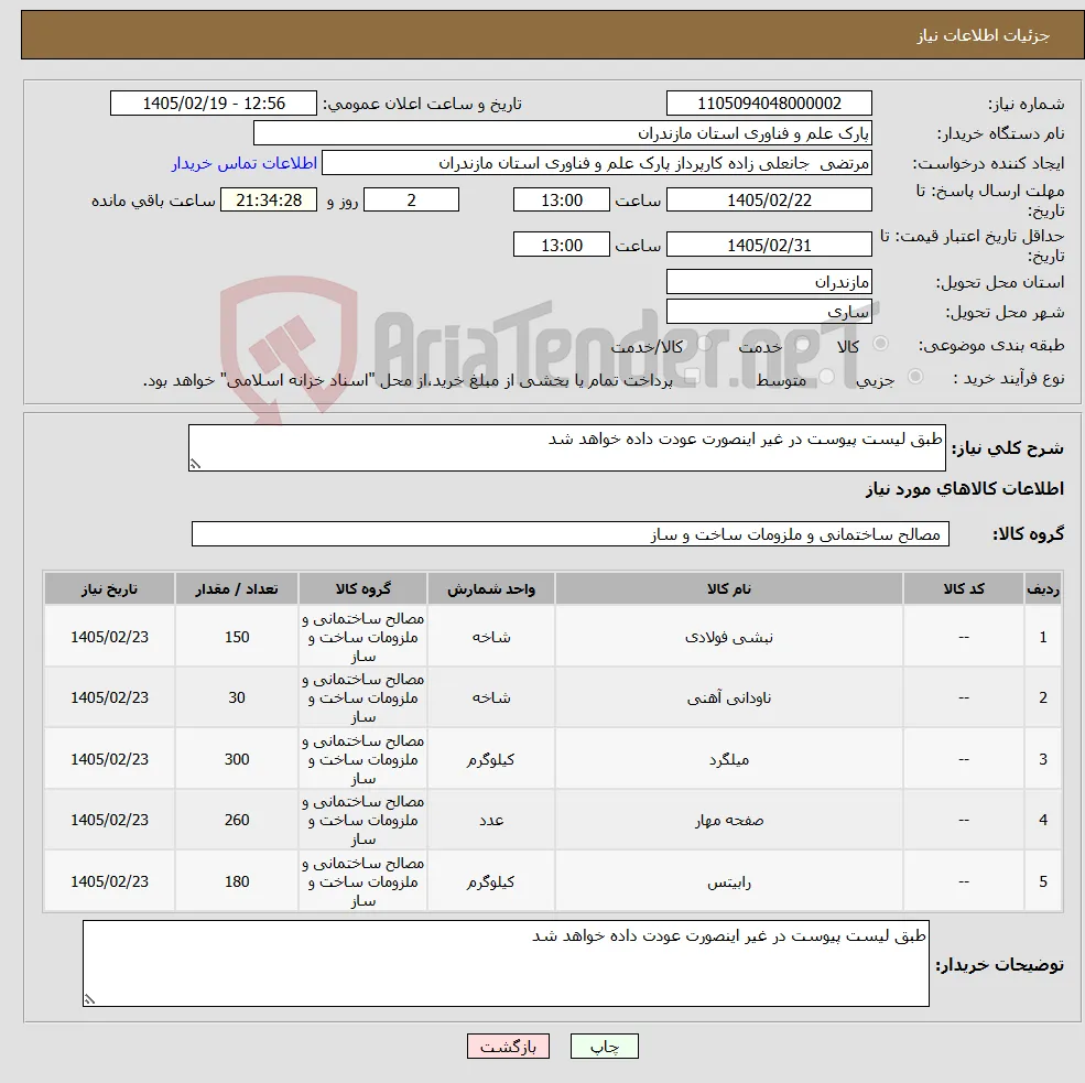 نیاز کالا-طبق لیست پیوست در غیر اینصورت عودت داده خواهد شد