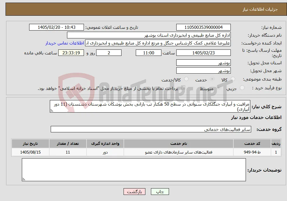 نیاز خدمات-مراقبت و آبیاری جنگلکاری سنواتی در سطح 50 هکتار تب بارانی بخش بوشکان شهرستان دشتستان (11 دور آبیاری)