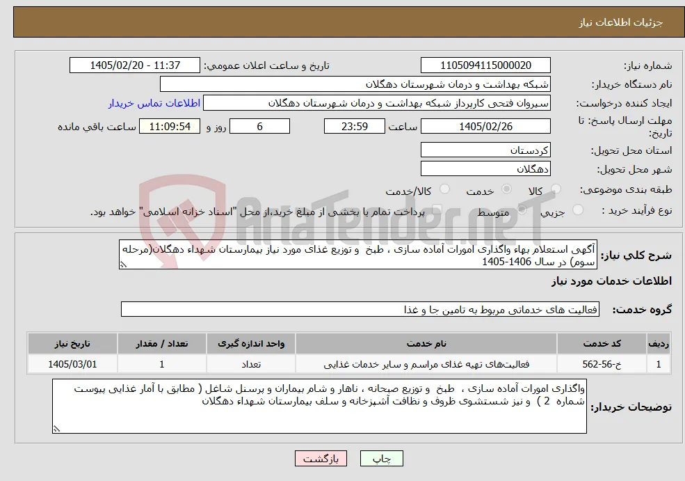 نیاز خدمات-آگهی استعلام بهاء واگذاری امورات آماده ‏سازی ، طبخ و توزیع غذای مورد نیاز بیمارستان شهداء دهگلان(مرحله سوم) در سال 1406-1405