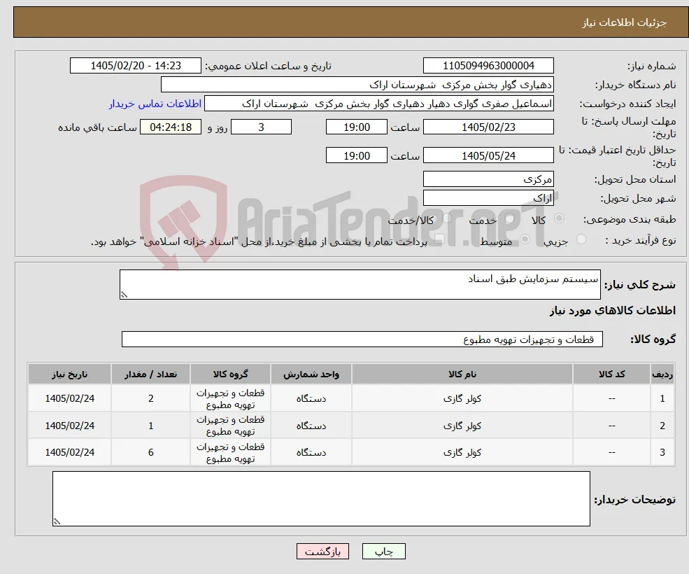 نیاز کالا-سیستم سزمایش طبق اسناد