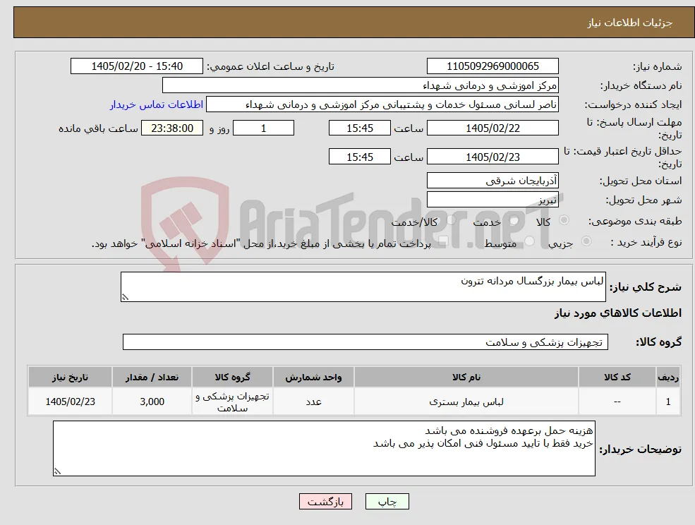 نیاز کالا-لباس بیمار بزرگسال مردانه تترون