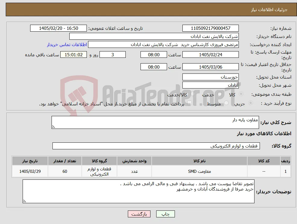 نیاز کالا-مقاوت پایه دار