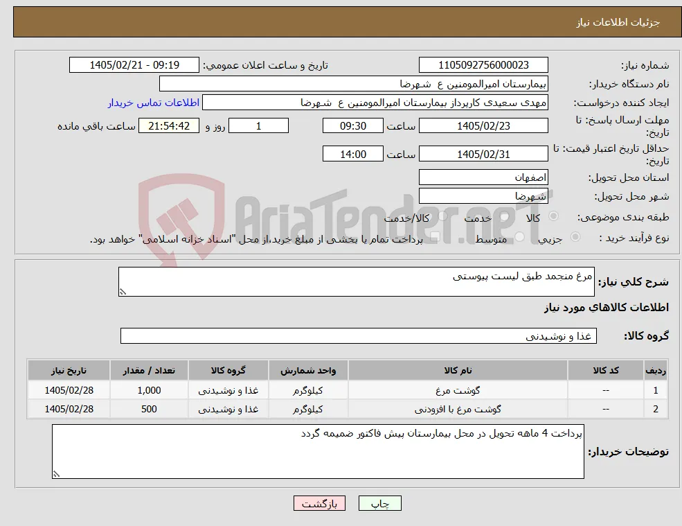 نیاز کالا-مرغ منجمد طبق لیست پیوستی