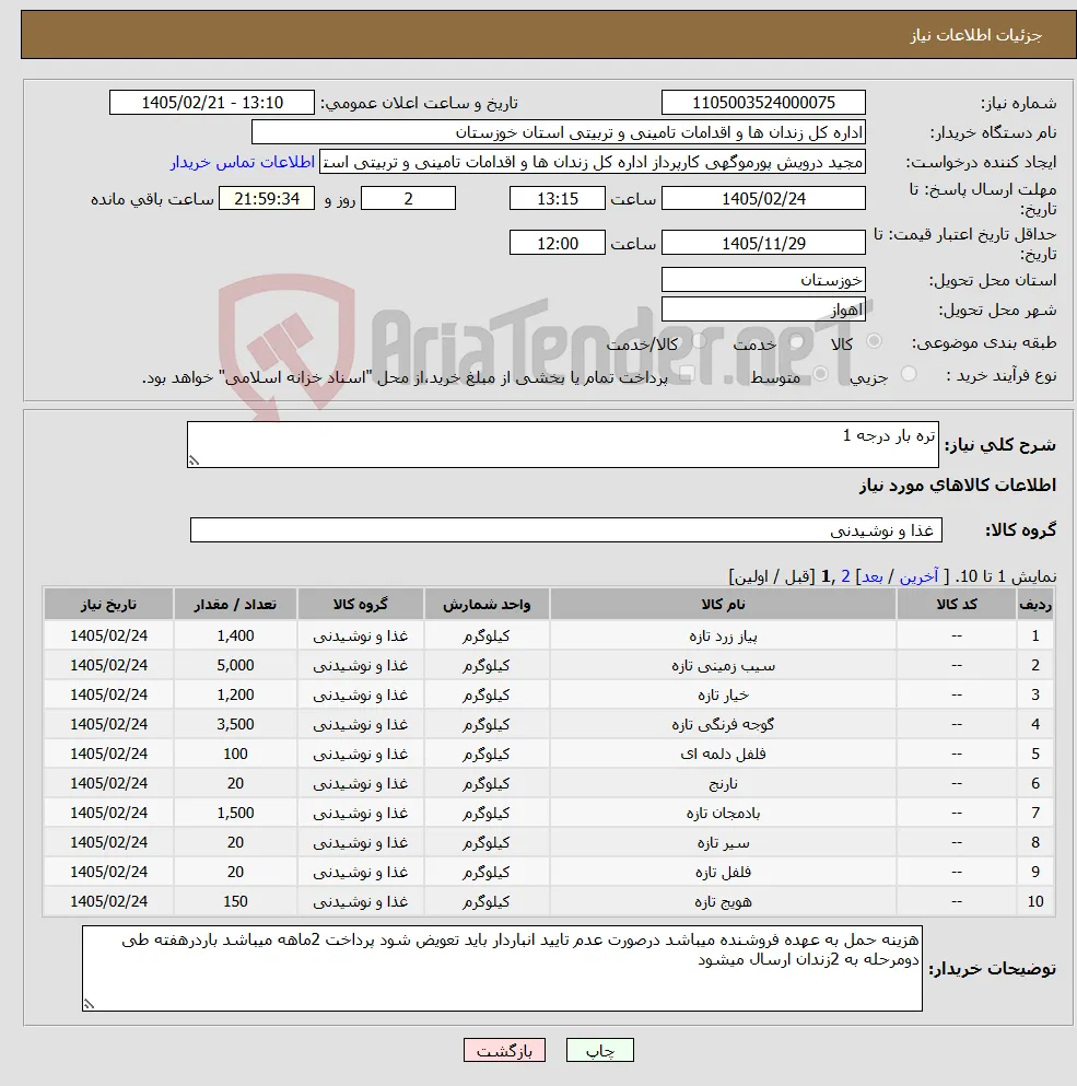 نیاز کالا-تره بار درجه 1