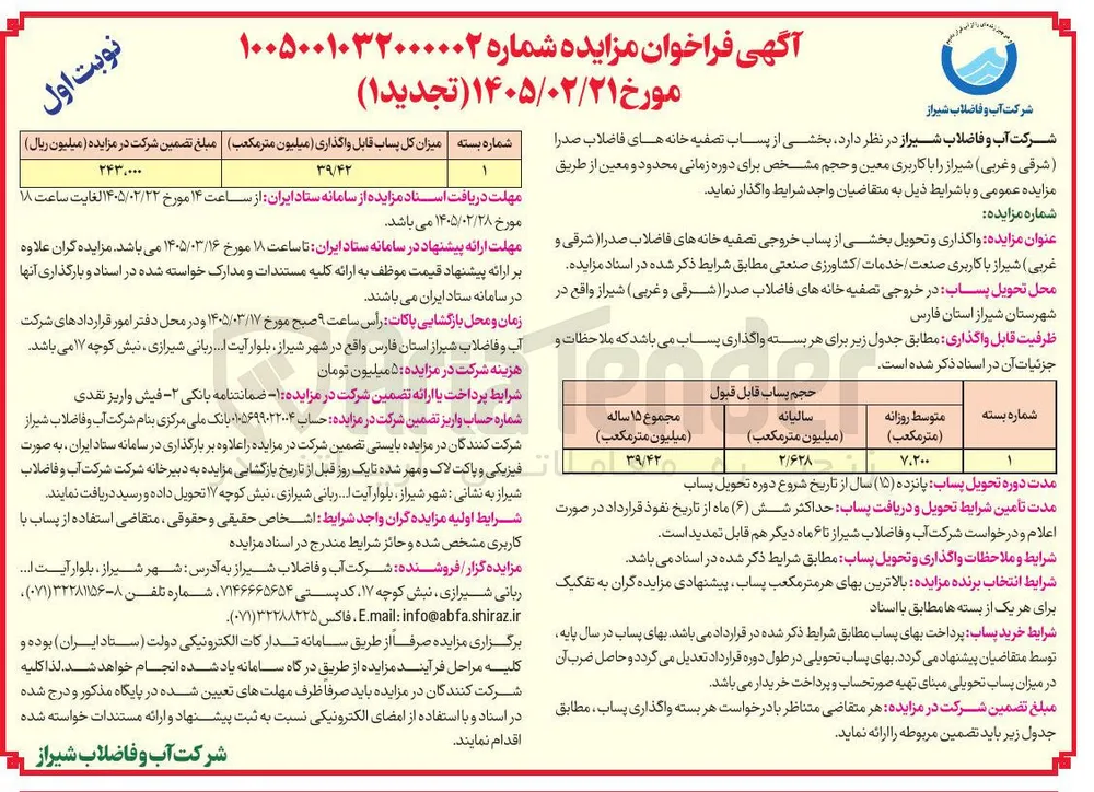 واگذاری و تحویل بخشی از پساب خروجی تصفیه خانه های فاضلاب با کاربری صنعت خدمات کشاورزی صنعتی
