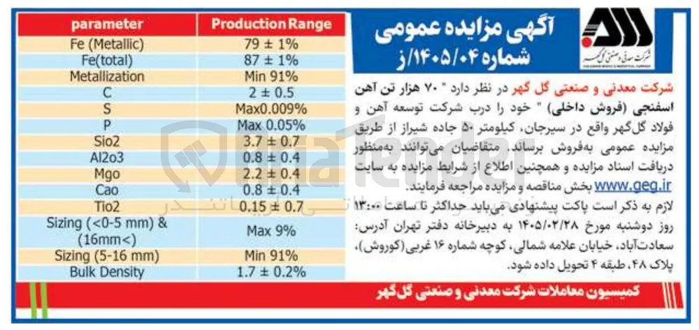 فروش ۷۰ هزار تن آهن اسفنجی فروش داخلی