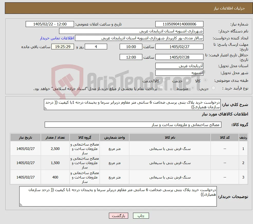 نیاز کالا-درخواست خرید پلاک بتنی پرسی ضخامت 6 سانتی متر مقاوم دربرابر سرما و یخبندان درجه 1با کیفیت (( درحد سازمان همیاری))