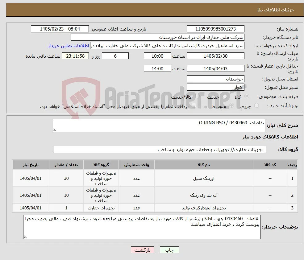 نیاز کالا-تقاضای 0430460 / O-RING BSO