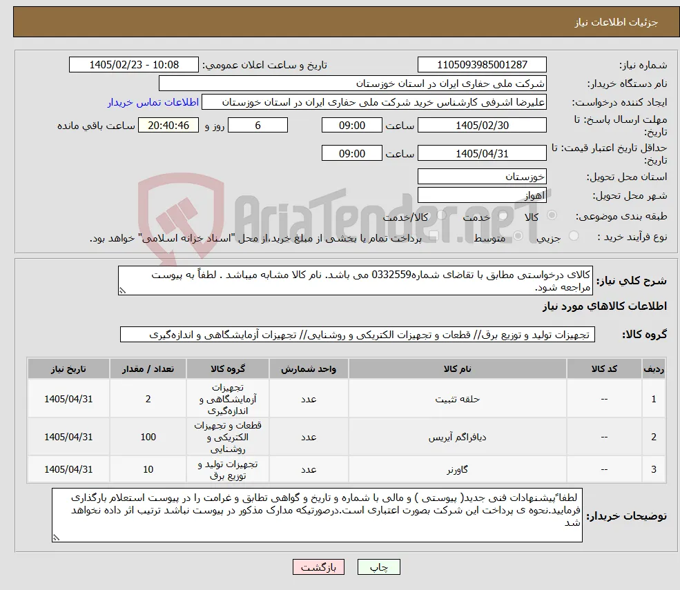 نیاز کالا-کالای درخواستی مطابق با تقاضای شماره0332559 می باشد. نام کالا مشابه میباشد . لطفاً به پیوست مراجعه شود.